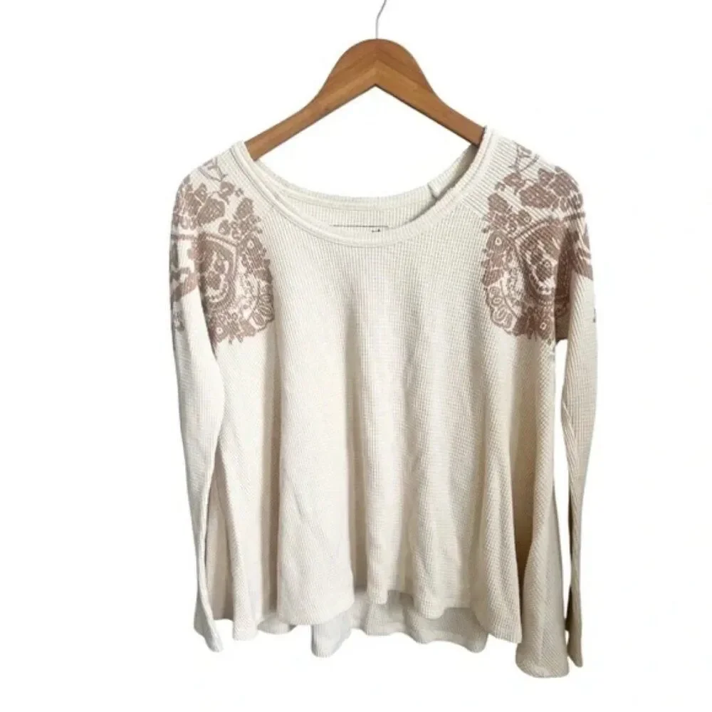 Free People We the Free Rockabilly Printed Raglan Boho Waffle Knit Top Medium